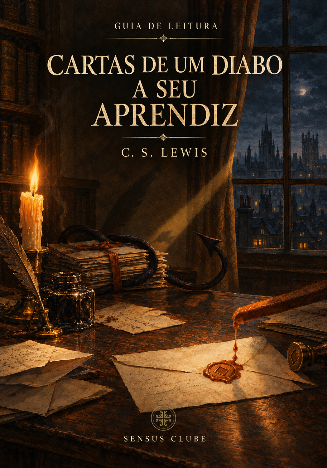 Capa do guia de leitura de Cartas de um diabo a seu aprendiz: escrivaninha à luz de vela, cartas lacradas e a cidade à noite pela janela