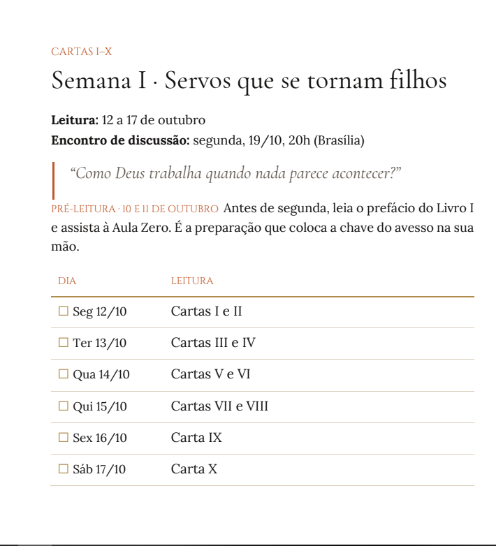 Página do cronograma da Semana I no guia de leitura, com as cartas de cada dia